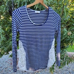 Navy and Cream Striped Long Sleeve Womens Blouse with Crochet Accent Size Large